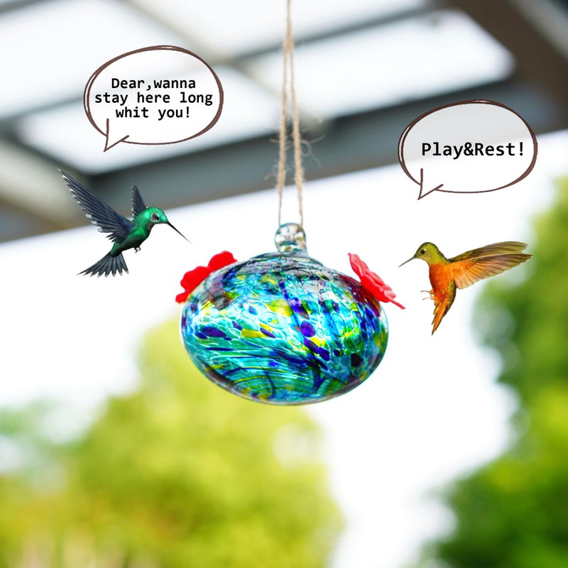 KRISININE 3.3OZ Glass Hummingbird Feeder with 2 Feeding Ports Blown Glass Hummingbird Feeder for Outdoors Hanging Garden Patio Decoration Uniques Hummingbird Gifts for Women - Image 3